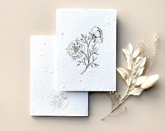 Lot de 8 cartes Pivoine sur papier fleurs sauvages • Cartes pour notes en aluminium • Feuille d'or • Papier à graines • Respectueux de l'environnement • Intérieur vierge • Papier à planter