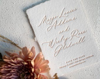 Letterpress Save the Dates: Handmade Paper, Modern Calligraphy, Mini Size, Elegant Script Font