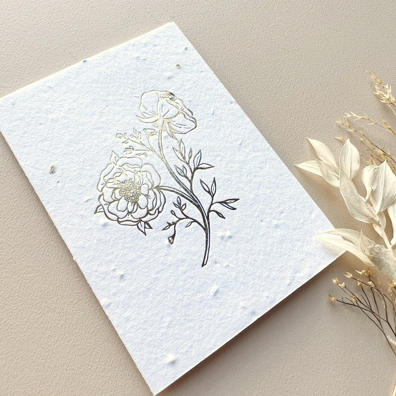 Peony Cards Set of 8 on Wildflower Paper Foil Notecards Gold Foil Seeded Paper Eco-Friendly Blank Inside Plantable Paper image 6
