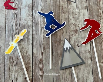Snowboard Cupcake Toppers, Snowboard Party Theme Decorations- Custom colors available