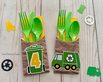 Garbage Truck Party Silverware Napkin Holder, Recycle Birthday Decor