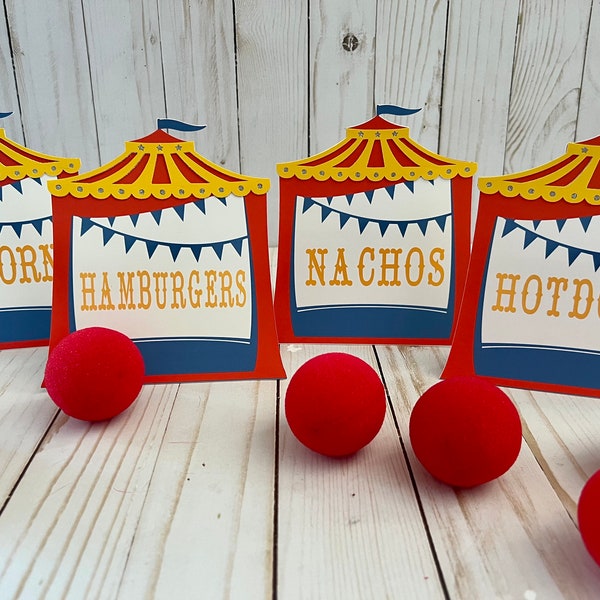 Big Top Circus Party Food Tents & Game Markers, Circus Party Decorations- Customizable Colors and Wording