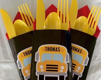 School Bus Party Silverware Napkin Holder, Wheels on the Bus Birthday