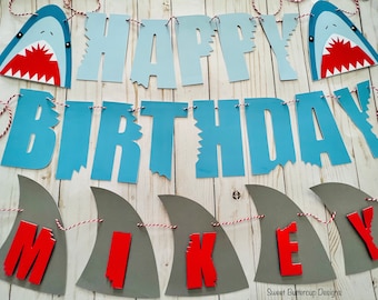 Banner de feliz cumpleaños de tiburón, decoración de fiesta de tiburón en cartulina 3D