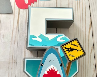 Decoración para fiesta de tiburón, número o letra 3D de 25 cm, centro de mesa de cartulina