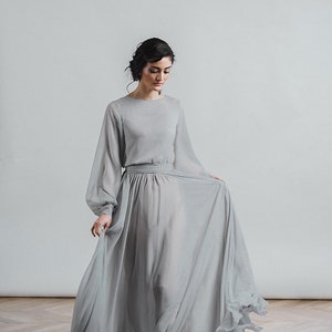grey long sleeve gown