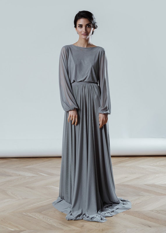 long grey dress with sleeves