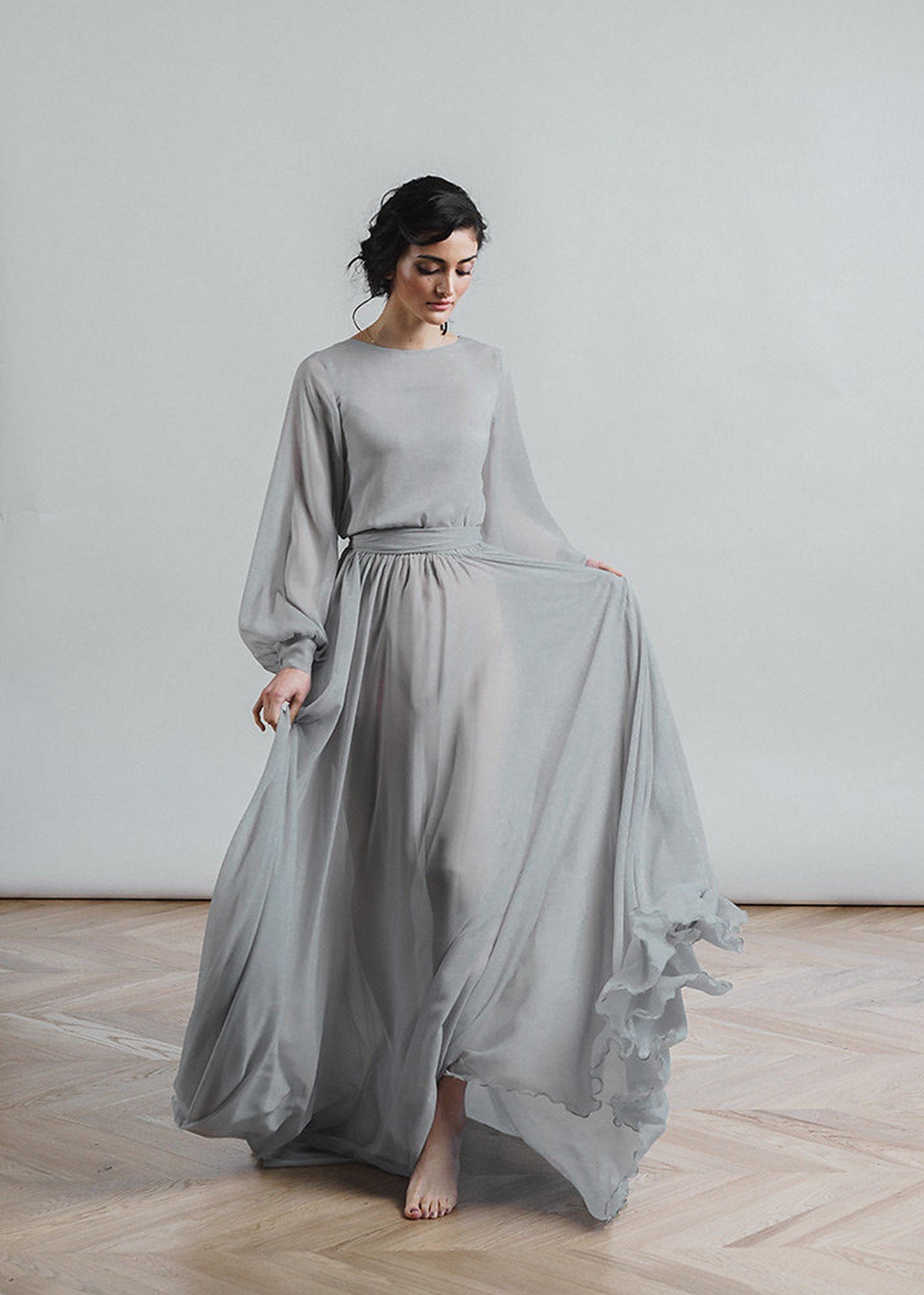 grey wedding gown bride