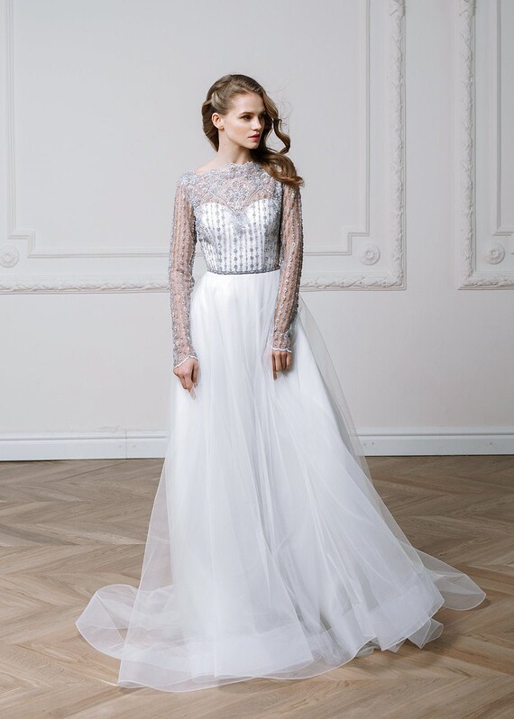 long sleeve lace wedding dress with tulle skirt