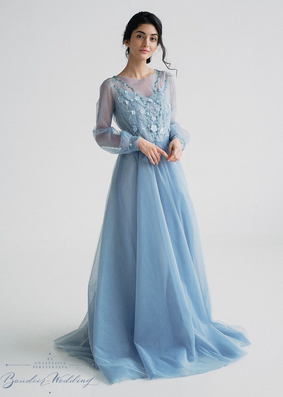 long sleeve blue wedding dress