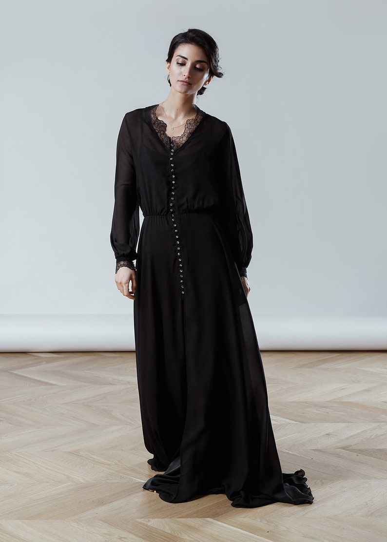 Black boudoir dress/Long robe with lace/chiffon lace | Etsy