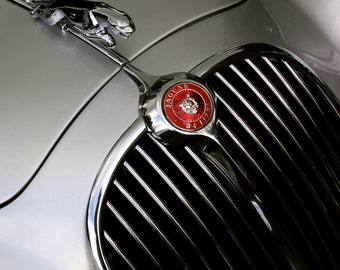 May include: A silver Jaguar car with a chrome grille and a red and chrome emblem that says "Jaguar 3.4 Litre".