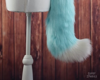 Faux Fur Wolf Fox Tail in aqua turquoise blue with ivory white tip - Curvy Shape - READY TO SHIP