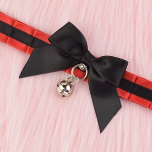 KITTY COLLAR CHOKER black red cat collar with ruffles bow bell Gothic Goth Kitten Play Petplay D-Ring tugproof collar tie up Bdsm Ddlg image 2