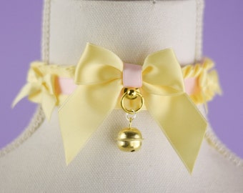 Ruffled Collar Choker Necklace - 32 cm/12.5 inches - in Yellow Baby Pink Pastel Ruffles Ribbon Satin Kitten Play tugproof - Ready To Ship