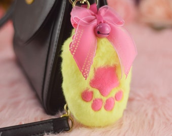 Toebean Paw Faux Fur Keychain Beanie Key chain with Squeaker Bow Bell in Neon Pink Hot Pink Neon Yellow Neko Paw Kemonomimi - Made to Order