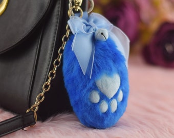 Toebean Paw Faux Fur Keychain Beanie Key chain with Squeaker Bow Bell in Marine Blue Light Baby Blue Neko Paw Kemonomimi - Made to Order