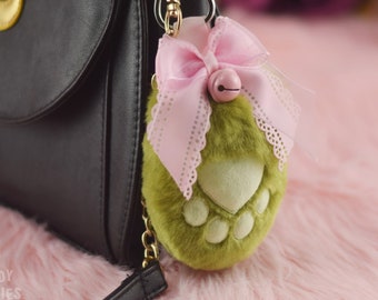 Toebean Paw Faux Fur Keychain Beanie Key chain with Squeaker Bow Bell in Matcha Green Olive Zombie Green Neko Paw Kemonomimi - Made to Order