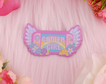 ENAMEL PIN VIDEOGAME Gamer Girl Magical Girl soft enamel pin Pin Kawaii pastel colors enamel pin with glitter rainbow wings colors
