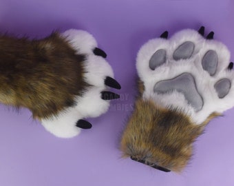 Faux Fur Puffy Paws Brown Gray White Black Fursuit Partial Natural Realistic Costume Cosplay XXL with Soft Claw Paw Pads - Made To Order