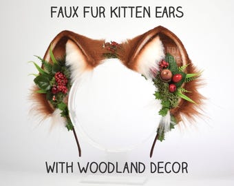 Cosplay Cat Ears - Faux Fur Headband - Fluffy Animal Ears - Flower Decor Forestcore - Fairy Fantasy Decor - Whimsical Flower Crown Headband