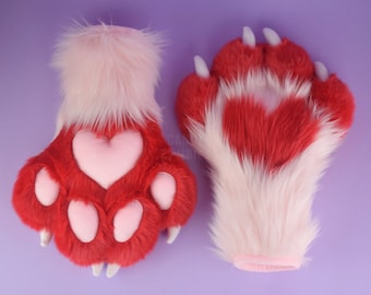Puffy Paws Faux Fur in Red White Baby Pink with heart hearts motive Fursuit Costume Cosplay XXL Neon Colored with Soft Claws Valentines Day