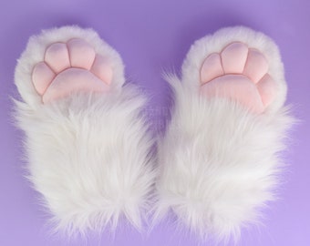 Faux Fur Paws Chunky Paws in White and Baby Pink Fursuit Partial Costume Cosplay XXL with Mochi Minky Paw Pads - Made To Order