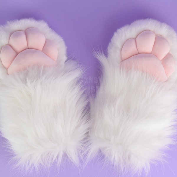 Faux Fur Paws Chunky Paws in White and Baby Pink Fursuit Partial Costume Cosplay XXL with Mochi Minky Paw Pads - Made To Order