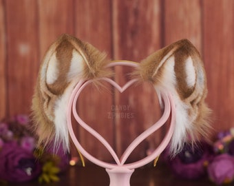 Faux Fur Cat Ears Kitten Cosplay Ears on headband in Brown & White - Natural Colors handmade faux fur vegan cruelty free - Ready to Ship