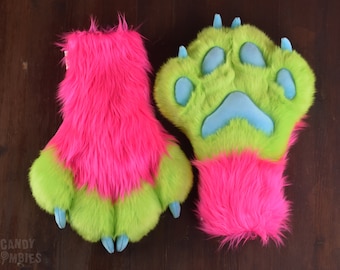 Puffy Paws Neon Pink Lime Green Faux Fur Fursuit Costume Cosplay XXL Neon Colored with Soft Claws - Ready To Ship