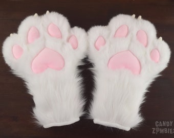 Faux Fur Puffy Paws with Soft Claws XXL White with baby pink heart pawpads and creme colored claws - Made To Order