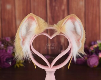 Faux Fur Cosplay Cat Ears on headband in Creme White Baby Pink handmade from high quality faux fur vegan cruelty free - Ready to Ship