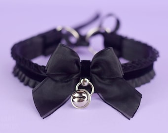 Organdy Velvet Black Choker Collar Ribbon Necklace with ruffles bow bell Gothic Kitten Play Petplay D-Ring tugproof Custom size MTO