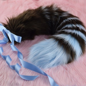 May include: A fluffy brown and blue striped tail with a blue satin ribbon tied around the base.