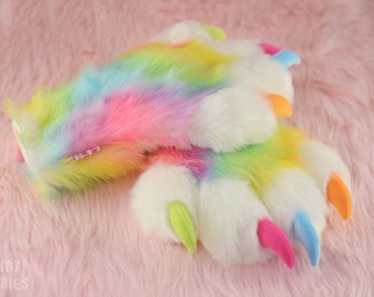 Faux Fur Puffy Paws with Soft Claws XXL Rainbow Colors Pink Blue Green & White - Made To Order