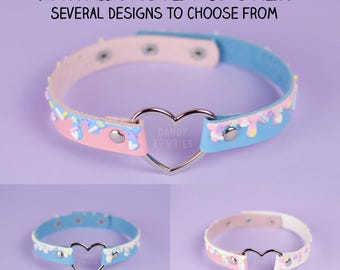 Necklace Collar Choker with Icing Sprinkles Mistmatch White pink blue - pastel rainbow Cute PU Faux Leather Snap Closure - adjustable length