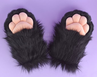 Faux Fur Paws Chunky Paws in Black and Baby Pink Fursuit Partial Costume Cosplay XXL with Mochi Minky Paw Pads - Made To Order