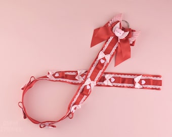 Headband Organizer 10 Slots - Baby Pink Red Hearts Satin Lace Ribbon Wall decoration Ear Holder Ear Hanger 90 cm/35 inches Nekomimi