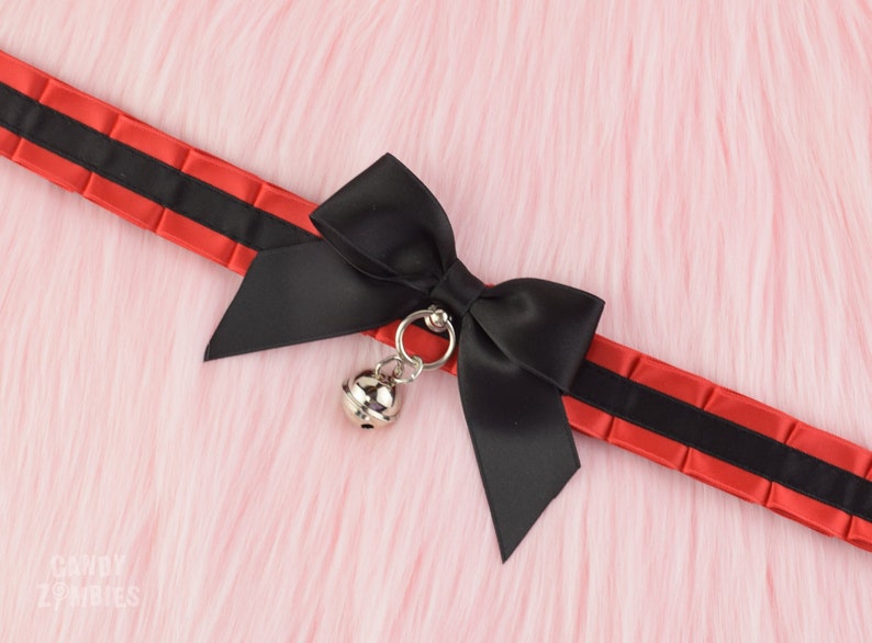 KITTY COLLAR CHOKER black red cat collar with ruffles bow bell Gothic Goth Kitten Play Petplay D-Ring tugproof collar tie up Bdsm Ddlg image 2