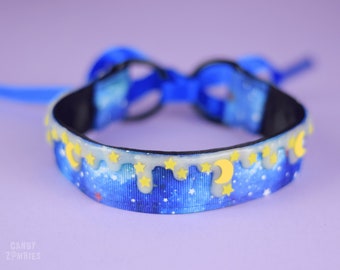 Galaxy Collar Choker Necklace with Galaxy Print Stars Moon Glow in the Dark Kitten Play Petplay D-Ring tugproof collar tie up Bdsm Ddlg
