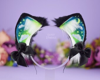 Faux Fur Kitten Ears on Headband in Black Blue Green with Stars Clouds Moon incl. 2 Bows Cat Ears Kitten Ears Cosplay Costume Ready to Ship