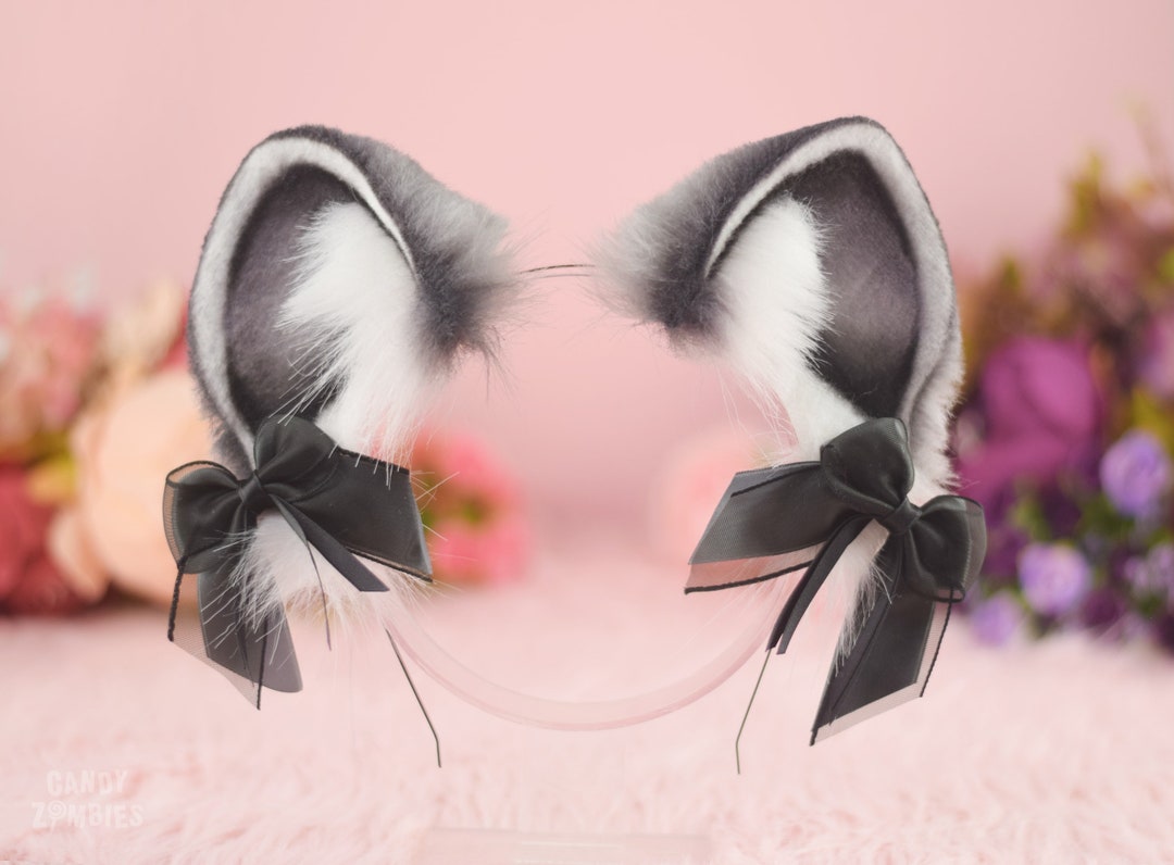 Faux Fur Racoon Ears on Headband in Black Gray White Made - Etsy