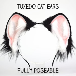 Faux Fur Cat Ears - Poseable Cosplay Ears - Black Tuxedo Cat Cosplay - Large Fluffy Animal Ears - Wolf Ears - Therian Gear - Kemonomimi Ears