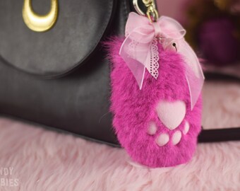 Toebean Paw Beanie Key chain with Bow Bell Squeaker inside made from Faux Fur Magenta Baby Pink - Made to order