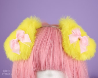 Faux Fur Floppy Puppy Ears on headband Yellow Rainbow EZ Floppy Puppy made from high quality faux fur vegan cruelty free - Ready to Ship