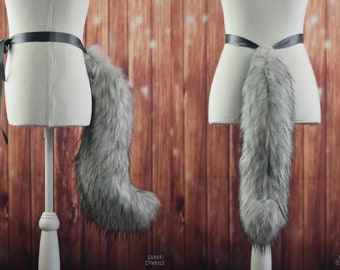 Grey Natural Wolf Fox Tail in Gray and Black made from silky soft faux fur - Ready To Ship