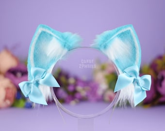 Faux Fur Kitten Ears in Turquoise Blue on Headband with 2 Bows - Cosplay Costume Nekomimi - Ready to Ship