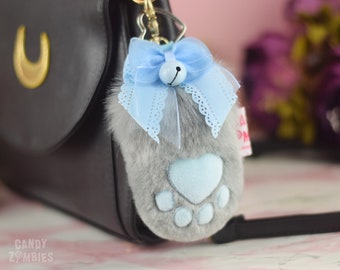 Toebean Paw Faux Fur Keychain Beanie Key chain with Squeaker Bow Bell in Gray Light Baby Blue Neko Paw Kemonomimi Accessory - Made to Order