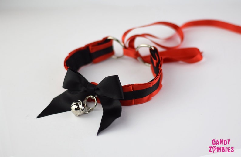 KITTY COLLAR CHOKER black red cat collar with ruffles bow bell Gothic Goth Kitten Play Petplay D-Ring tugproof collar tie up Bdsm Ddlg image 1