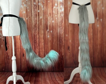 Cat Tail Fur Fake Fur Gray with Aqua Turquoise Blue Stripes Striped Tail - Cosplay Costume Tail Fursuit Partial Furry - Ready to Ship